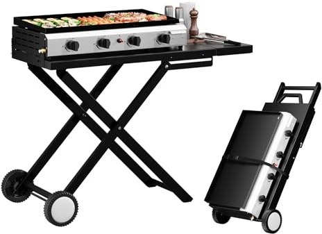Bonnlo 4 Burner Foldable Propane Griddle with Wheels & Enameled Tray, 40000 BTU Portable Flat Top Gas Grill with Electronic Ignition & Regulator for Outdoor Cooking Camping BBQ Tailgating