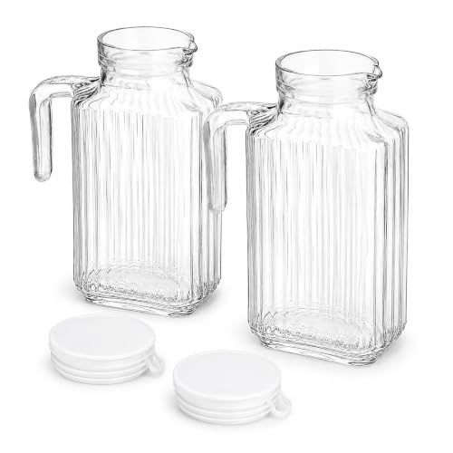 Pack de 2 Jarras de Cristal con Tapa y Asa, Diseño Cuadrado con Relieve, para Agua, Zumo e Infusiones Frías, Botella para Nevera (2 Litros)