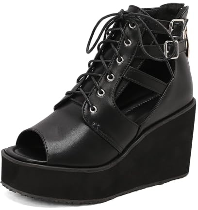 Women's Platform Wedge Sandals Peep Toe Lace Up Ankle Boots | Adjustable Buckle High Heels, Convenient Back Zipper, Cutout Booties, for Music Festival Cosplay, Gothic style Shoes