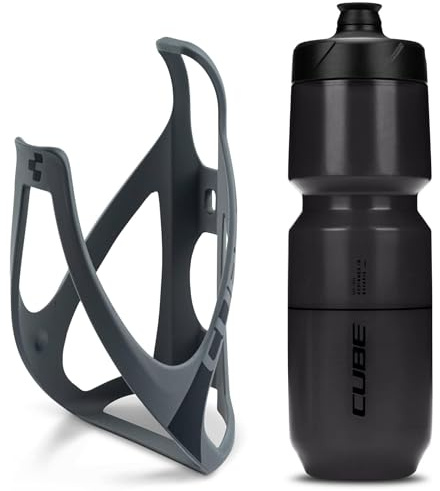 Cube HPP Cage - Matt Grey/Black & Flow Bottle - Black, 750ml / Water Drink Flask Vessel Bidon Holder Mount Bracket Kit Lightweight Plastic Drinking Hydration Biking Bike Riding Frame Accessories