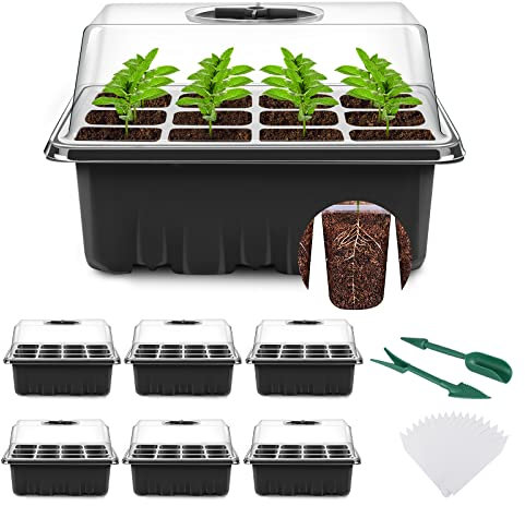 YAUNGEL Bandejas Semilleros, 6Pcs 72 Agujeros Mini Invernadero Germinador de Semillas, Bandeja de Cultivo con Tapa Ventilación y Ventana Ajustable para Plantas Desemillero, Negro