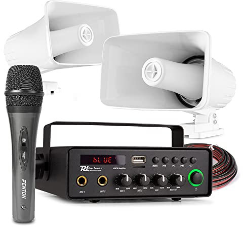 Power Dynamics 12V PA Horn Speaker System with Battery Powered Amplifier, Weatherproof Horn Speakers, Handheld Microphone, Bluetooth, USB/SD MP3 Playback for Vehicles and Outdoor Announcements
