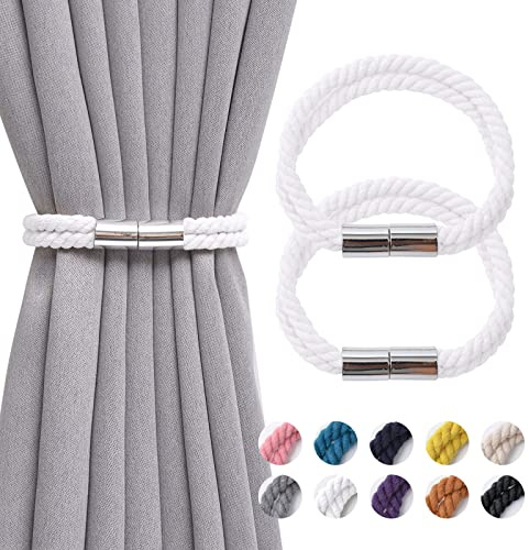 Pretty Jolly 2-pack starka magnetiska gardinbindningar boho-dekoration draperi knytband naturlig bomull handgjorda dubbla rep gardinhållare för tunt eller tjockt hem och kontor fönsterdraperi (vit)