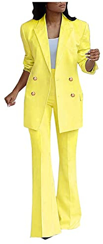 HAOLEI Women's Two-Piece Suit Set Plain Trouser Long Sleeve Notched Double Breasted Blazer Jacket + Bootcut Pants Solid Work Business Office Casual Smart Sets Ladies UK Clearance Yellow, L