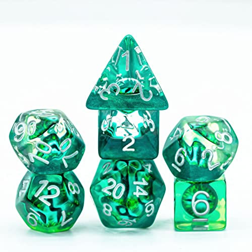 World of Dice - Demon Eyes Emerald Green - 7tlg. polyedrisches Würfelset für Pen & Paper, Rollenspiel-Würfel, D20 bis D4, Würfel Set für DND, DSA, UVM. (Würfelset)