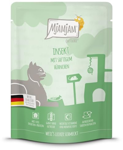 MjAMjAM - Premium våtfoder för katter - Quetschie - insekter med saftig kyckling, 1 förpackning (1 x 300g), spannmålsfritt med extra kött