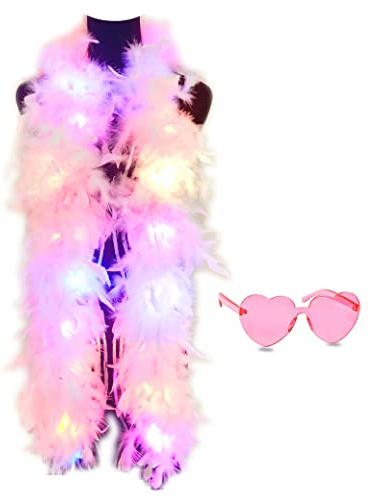 JIANGLAI Colorful Feather Boas, 6.6ft Boa with 20 Color LED Lights for Women for Dancing Wedding Party Halloween,with Heart Sunglasses (Pink)