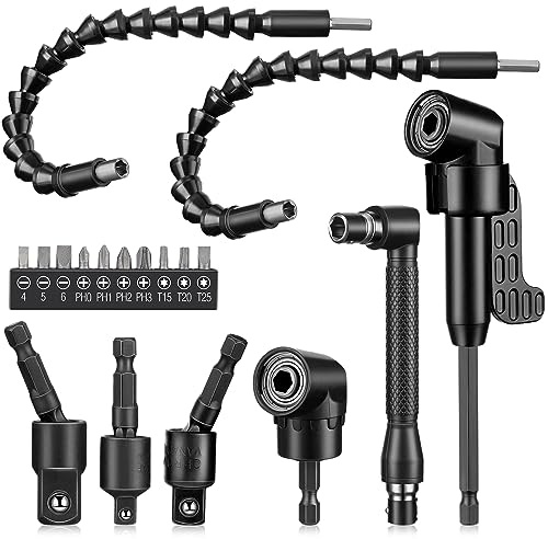Therwen 18 Pcs Flexible Drill Bit Extension Set 105° Right Angle Drill Bit Attachment 1/4, 3/8, 1/2 Inch Hex Adapter Socket Socket Wrench Bendable Magnetic Extender Screwdriver Electric Manual Tool