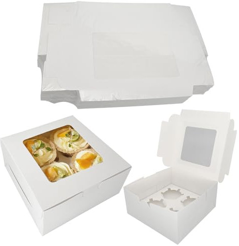 50 scatole per cupcake a 4 fori, per il trasporto di muffin, con finestra di visualizzazione, scatola per torte, contenitore per cupcake, scatola per il trasporto di torte ideale per prelibatezze