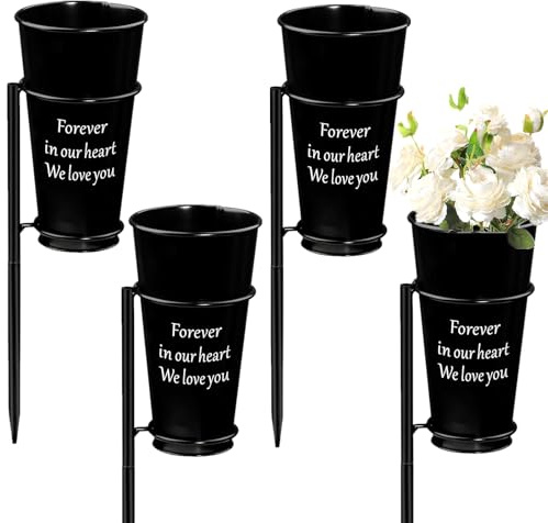 4 Pack Metal Cemetery Vases Flower Holder with Spikes In Ground Cemetery Vase Grave Decoration Grave Flowers Holder for Cemetery Headstone