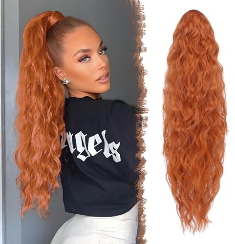 FESHFEN Coda Capelli Extension con Coulisse Lunga Rosso Rame Ondulati Ricci Posticci Sintetici, Coda Cavallo per Donna, 65 cm