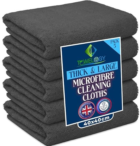 Towelogy® Heavy Duty Microfibre Cleaning Cloths for Home All Purpose - Larger, Thicker, More Absorbent Cleaning Cloth - 100% Lint Free Micro Fibre Cloths for Kitchen, Bathroom and Car (5, Grey)