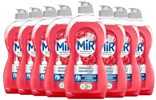 Mir Liquide Vaisselle Vianigre & Framboise – Lot de 8 x 450ml – Dégraissant Puissant, Fraîcheur Framboise, Nettoyage Efficace