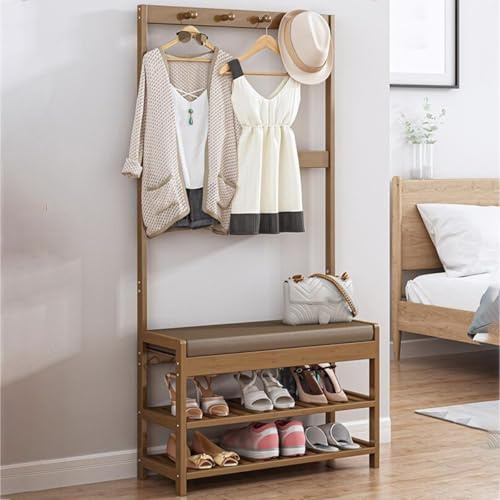 Trähängare Med Bänk 3-i-1 Fristående Hallhängare Med Krokar Hallmöbel Med Bänk Och 2 Hyllor För Jackor, Halsdukar, Mössor, Väskor Och Slipsar(70cm)