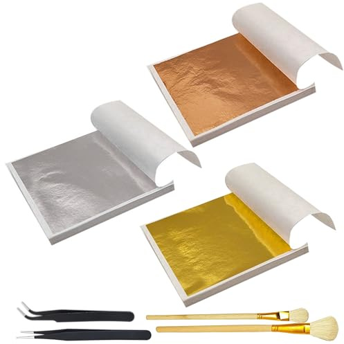 JNYUTEEN 300 Fogli Foglia Oro per Fai da Te, Set con Pennelli E Pinzette Carta Dorata 8 x 8,5 cm, Oro Argento Finto per Progetti DIY Decorazione Artigianato