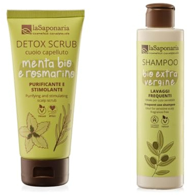 La Saponaria | Kit Purificante per Cute Sensibile con Scrub Cuoio Capelluto al Rosmarino Bio e Shampoo Bio Extravergine per Lavaggi Frequenti