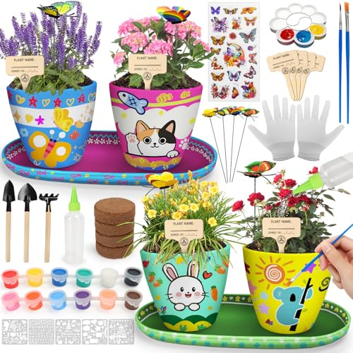 IEEILULU Kit Jardineria Niños, Set Macetas Pintar 35 Piezas, Kit DIY para Pintar Macetas con Herramientas de Jardinería para Niños, Set Huerto Infantil Manualidades Regalos para 3+ Años