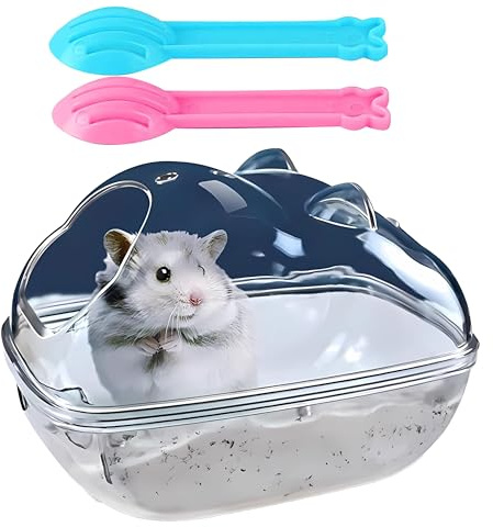 Cycayit Transparent hamstersandbad, demonterbar behållare (16 x 7 x 11 cm) med 2 skopor, toalett och anti-spillbricka för dvärghamstrar, gerbils och små gnagare