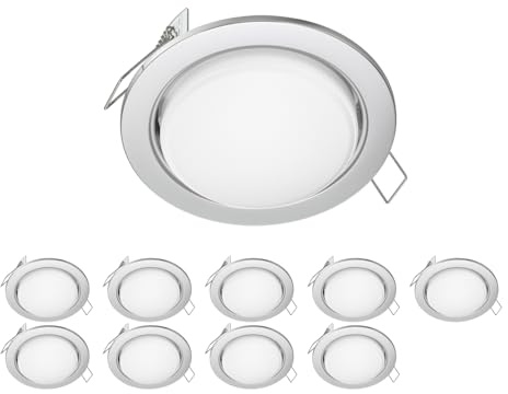 ledscom.de 10x LED Einbaustrahler Zobe flach GX53 chrom matt rund 6,105W 560lm weiß 107mm Ø Lochkreis 90mm Ø