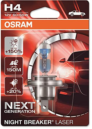 OSRAM Night Breaker Laser H4, Next Generation, plus 150 percent More Brightness, Halogen Headlamp, 64193NL-01B, 12 V, Passenger Car, Single Blister (1 Lamp)