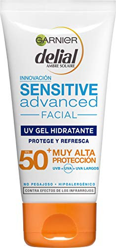 Garnier Delial Super UV Protector Solar Facial UV Gel Hidratante. Muy Alta Protección FPS 50+. Para pieles sensibles. No pegajoso e hipoalergénico. Contra los efectos de los infrarrojos. 50 ml