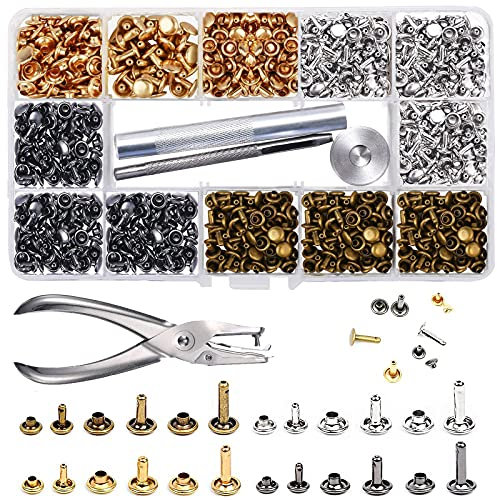 McNory Rivets en Cuir 480 Ensemble 3 Tailles Double Rivet Goujons Tubulaires en Métal avec 3 Pièces Outil de Fixation et Punch Pince pour Artisanat en Cuir DIY Rivets de Remplacement 3 Couleurs