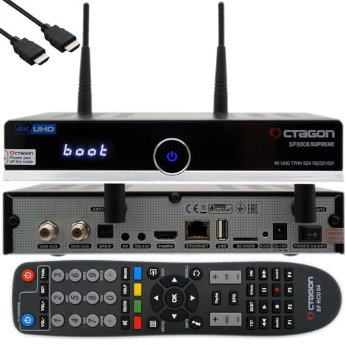 Octagon SF8008 4K Twin Supreme UHD HDR TV Receiver - 2X DVB-S2X Satellit Twin Receiver, E2 Linux Smart TV Box, EasyMouse HDMI, 2.4/5G Dual-Band WiFi, Aufnahmefunktion mit 2TB M.2 SSD