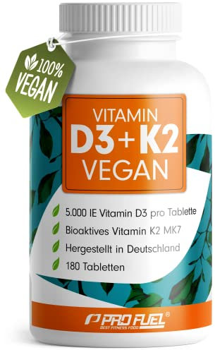 Vitamin D3 K2 VEGAN - 180 Tabletten mit 5000 IE D3 + 200 mcg K2 (MK7) - Vitamin D3 hochdosiert und vegan + Vitamin K2 in bioaktiver MK7-Form - laborgeprüft mit Zertifikat - Vorratspack: 180 Tabletten