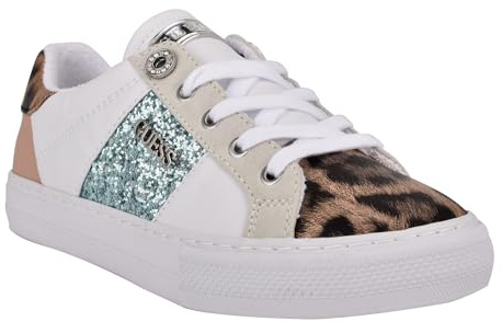 GUESS Women's LOVEN Sneaker, White/Pink Leopard Multi 142, 6