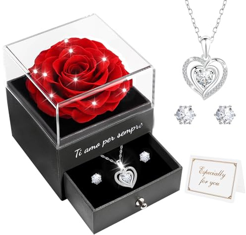 Miofula Rosa Stabilizzata Regalo Donna,Rosa Eterna con Collana Argento 925 Orecchini Donna,Ti Amo per Sempre,Regalo Donna Compleanno,Festa della Mamma Regalo Mamma Fidanzata Anniversario San Valentino