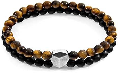 ANCHOR & CREW Brown Tigers Eye Iguazu Silver and Stone Bracelet - Mens - 19cm