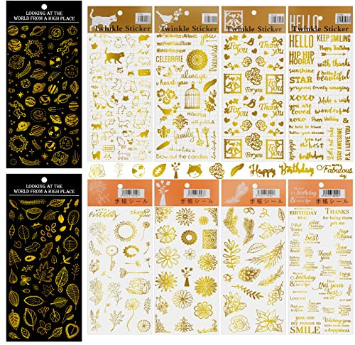 10 Sheets Decorative Sticker, Self-Adhesive Scrapbooking Letters Stickers Waterproof Gold Foil Sticker for Rewarding Gifts Scrapbooking Including Flowers Leaves Letters Animals Cats