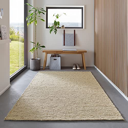TacaHome Wollteppich Handweb Teppich Gewalkt I Reine Schur-Wolle im Skandinavischen Design I Wohnzimmer Schlafzimmer Esszimmer Kinderzimer Büro | 90 x 160 cm Natur Meliert
