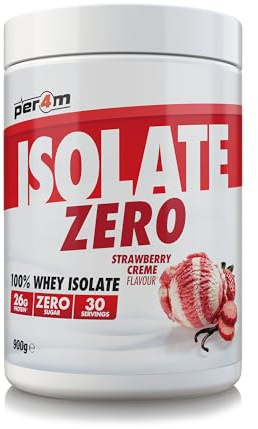Per4m Isolate Zero Premium Whey Protein Powder | Superior Flavour Ultra Filtered + Amino Acids | Fast Absorbing Zero Sugar Gluten Free Shake for Lean Muscle & Recovery (900g, Strawberry Creme)
