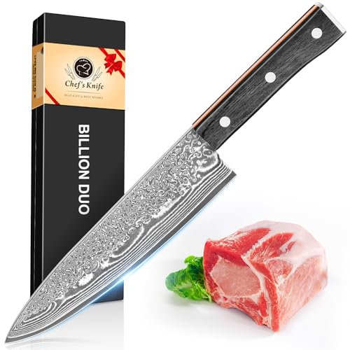 BILLION DUO Damascus Chefs Knife, 67 Layer Damascus Steel, 20.5 cm Sharp Blade, Kitchen Knives with Ergonomic Handle for Home Kitchen & Restaurant