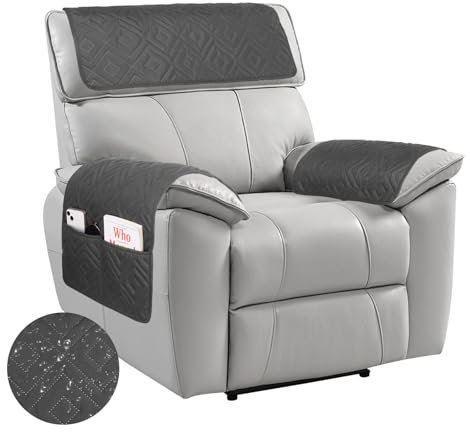Niuoppy 3pcs Armrest & Headrest Cover for Recliner Sofa, Waterproof Recliner Chair Cover with Side Pocket, Nonslip Armrest Slipcover Furniture Protector for Pets (Grey)