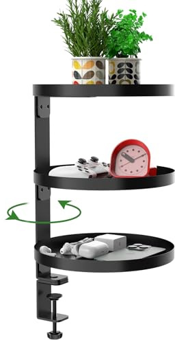 ROLIZOE 3 Tier Clamp On Desk Shelf Organiser with 25cm Adjustable Metal Storage Tray Above or Under Desk Storage 360 Rotating Shelving Rack No Drilling Anti-slip Desktop Display Shelf for Home Office