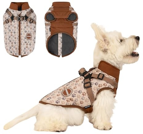 BT Bear Dog Winter Coat With Harness for Small Dogs Medium Dogs Winter Jacket Outdoor,Waterproof Puppy Adjustable Vest Warm Clothes,Brown S