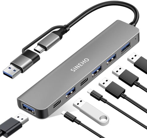 SINEHO Hub USB Doppio 7-in-1, Adattatore Macbook con USB 3.0, 4xUSB 2.0, Doppie Porte Dati USB-C per Laptop, PC, Dispositivi Tipo C