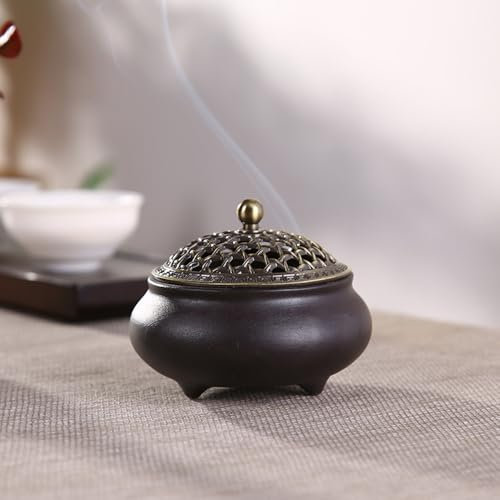 Weihrauchbrenner Keramik, Räuchergefäß Räucherstäbchenhalter, Chinesisch Porzellan Räucherschale mit Feuerfeste Matte und Metall Deckel, Incense Burner für Home Deko Geschenk