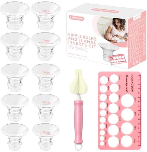 Flanschgrößen-Set 10 Stück 13/15/17/19/21mm Mit Brustwarze-Messkarte & Reinigungsbürste, Silikon Milchpumpen Flansch Einsatz Set für 24mm Brustpumpen-Schutzhüllen/Zubehör