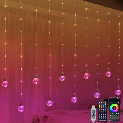 YOLIGHT Colour Changing Wishing Ball Curtain Lights, 3M RGB LED Window Light with Remote Control, Music Sync Icicle Fairy Lights for Bedroom Party Halloween Christmas Decoration