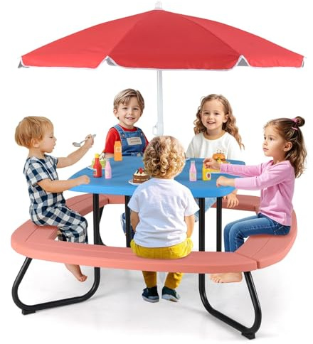 FANTASK Picknicktisch für bis zu 8 Kinder, Kindersitzgarnitur mit Sonnenschirm & 4 Sitzbänken, Kindersitzgruppe für Garten