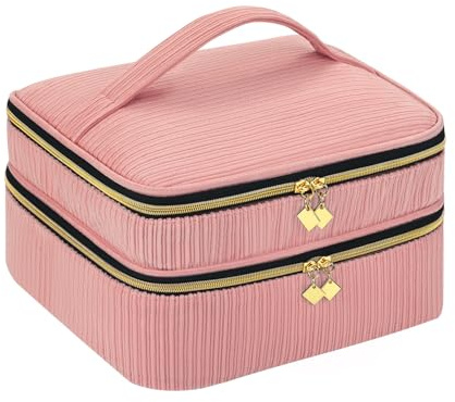 LYFFXYH Double-Layer Nail Polish Organizer-Holds 42 Bottles, Nail Polish Storage with Handle, Nail Bag Organizer Case for Professional Manicure Kit & Travel (Pink, 42 Bottles-Small)