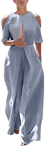 Foweknow Combinaison pour femme élégante et longue d'été - Sans bretelles - Large - Strampler - Uni - Playsuit - Romper - Ensemble en une pièce - Pour mariage, fête - Femme, gris, 3XL