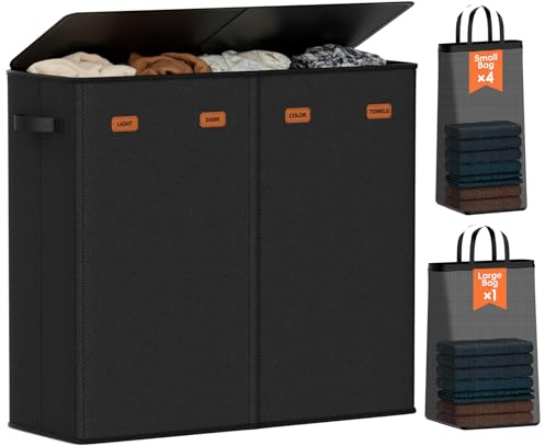 Vexalora Laundry Hamper 4-Section with Lid, 185L Laundry Sorter with 4 Removable Bags + 1 Extra Large Bag, Switchable 3/4 Compartment, Laundry Basket Organizer for Bedroom, Laundry Room，Black