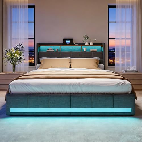BRILVERDE Cama tapizada 180x200 con almacenaje, con 4 cajones, Cama matrimonial con Toma USB y luz LED, con cabecero y somier de láminas, Lino (Grigio, 180 x 200 cm)