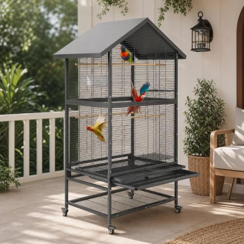 166cm Large Bird Cage, Metal Parrot Cage with House-Shaped Waterproof Roof, Budgie Cage with 360° Silent Casters for Parakeets, Cockatiel, Conures