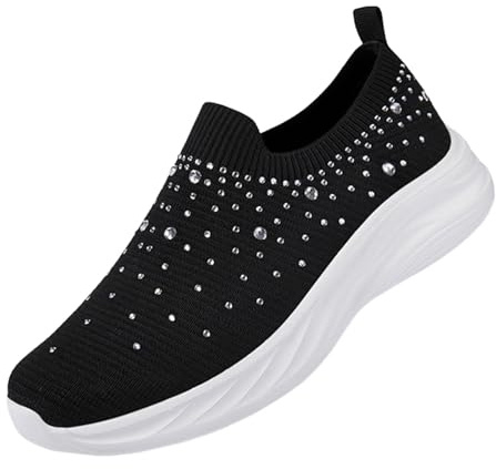 Dam stickade slip-on sneakers casual strass plattform promenadskor, Svart, 40 EU | Dam stickade slip-on sneakers strass utsmyckade för fritid kläder bekvämt plattformsstöd