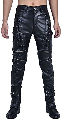 Idopy New Men`s Biker Style Black Faux Leather Trousers Front Lace UP Pants